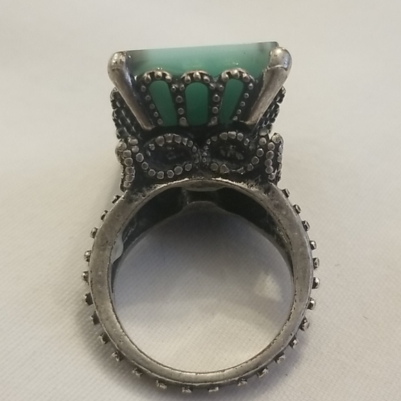 SILVER Art Deco Emerald Moonstone Ring 7.5 - Picture 8 of 10